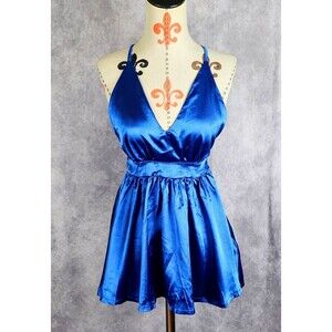 Blue Satin Womens S Pleated Club Mini Dress V-Neck Summer Dress Back Cross Strap